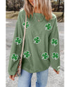 Grass Green Ribbed Four Leaf Clover Graphic St. Patricks Pullover Sweatshirt - S