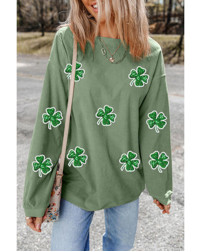 Grass Green Ribbed Four Leaf Clover Graphic St. Patricks Pullover Sweatshirt - S