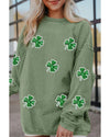 Grass Green Ribbed Four Leaf Clover Graphic St. Patricks Pullover Sweatshirt - S