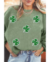 Grass Green Ribbed Four Leaf Clover Graphic St. Patricks Pullover Sweatshirt - S