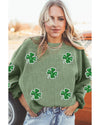 Grass Green Ribbed Four Leaf Clover Graphic St. Patricks Pullover Sweatshirt - S
