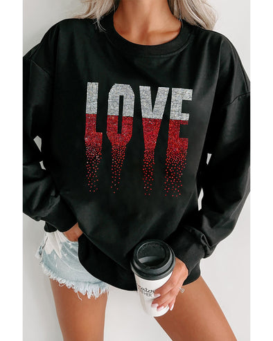 Black Rhinestone LOVE Graphic Crewneck Valentines Sweatshirt - XL