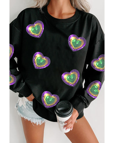 Black Mardi Gras Heart Print Crew Neck Sweatshirt - L
