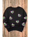 Black Mardi Gras Heart Print Crew Neck Sweatshirt - L