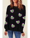 Black Mardi Gras Heart Print Crew Neck Sweatshirt - XL