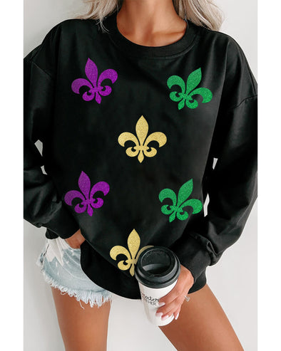 Black Mardi Gras Fleur de Lis Graphic Round Neck Pullover Sweatshirt - L