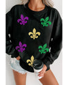 Black Mardi Gras Fleur de Lis Graphic Round Neck Pullover Sweatshirt - M