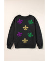 Black Mardi Gras Fleur de Lis Graphic Round Neck Pullover Sweatshirt - M
