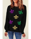 Black Mardi Gras Fleur de Lis Graphic Round Neck Pullover Sweatshirt - S