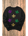 Black Mardi Gras Fleur de Lis Graphic Round Neck Pullover Sweatshirt - S