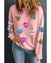 Pink Sequin Romantic Letters Heart Graphic Valentines Sweatshirt - M