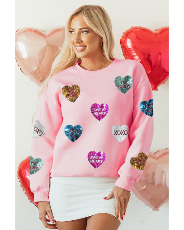 Pink Sequin Romantic Letters Heart Graphic Valentines Sweatshirt - S