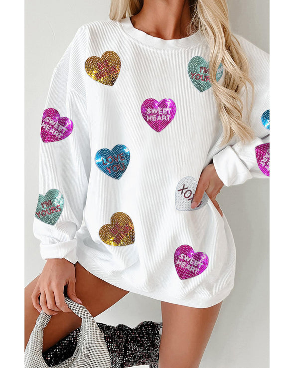 White Valentines Slogan Heart Sequin Corded Baggy Sweatshirt - S