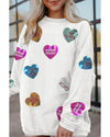 White Valentines Slogan Heart Sequin Corded Baggy Sweatshirt - S