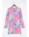 Pink Flower Print Long Sleeve Button Up Cardigan - M