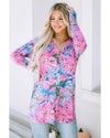 Pink Flower Print Long Sleeve Button Up Cardigan - M