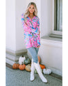 Pink Flower Print Long Sleeve Button Up Cardigan - M