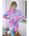Pink Flower Print Long Sleeve Button Up Cardigan - M