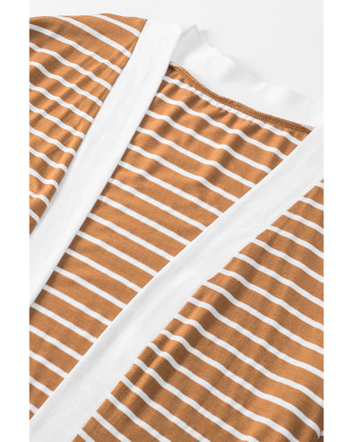 Brown Striped Side Pockets Open Front Cardigan - M