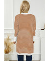 Brown Striped Side Pockets Open Front Cardigan - M