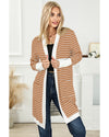 Brown Striped Side Pockets Open Front Cardigan - M
