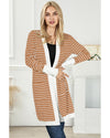 Brown Striped Side Pockets Open Front Cardigan - M