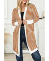Brown Striped Side Pockets Open Front Cardigan - S