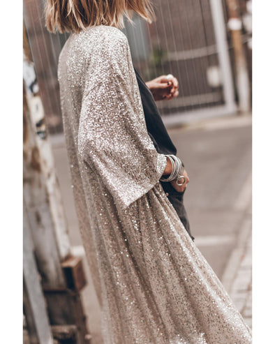 Apricot Sequin 3/4 Sleeve Open Front Duster Kimono - L