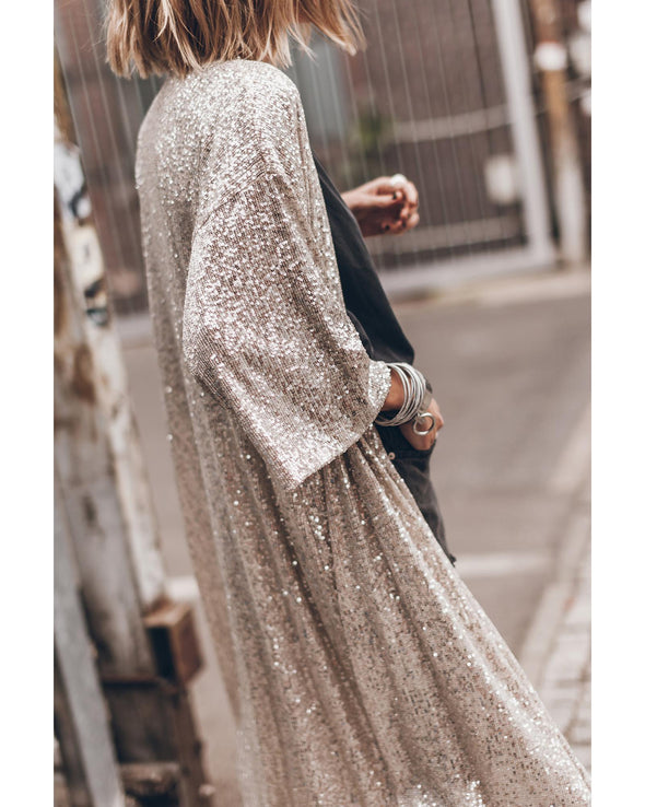 Apricot Sequin 3/4 Sleeve Open Front Duster Kimono - L