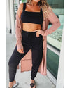 Pink Ribbed Button-Up Split Duster Cardigan - M