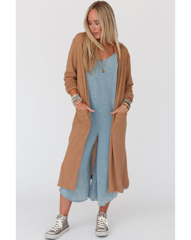 Chestnut Long Waffle Knit Cardigan with Pockets - L