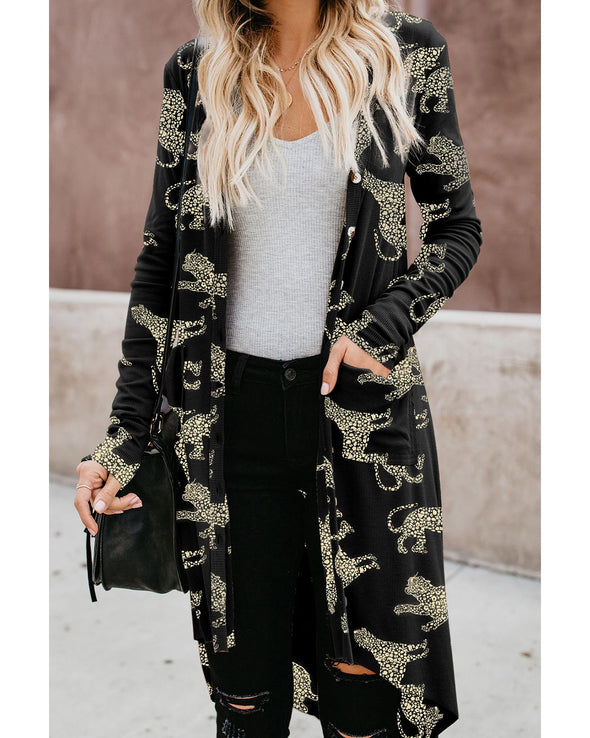 Black Printed Animal Print Ribbed Knit Cardigan - M