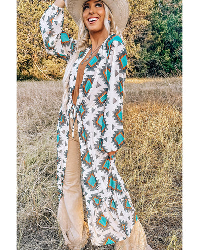 White Western Aztec Print Duster Open Front Top - M