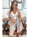 Parchment Ribbed Pocketed Short Sleeve Open Front Top - L