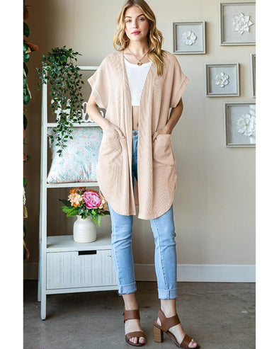 Parchment Ribbed Pocketed Short Sleeve Open Front Top - M