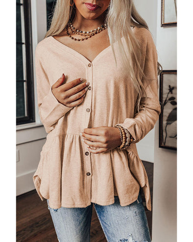 Jet Stream Ruffled V Neck Buttoned V Neck Shirt - S
