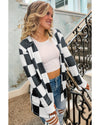 Black Checkered Waffle Knit Thumbhole Open Front Cardigan - S