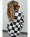 Black Checkered Waffle Knit Thumbhole Open Front Cardigan - S