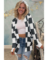 Black Checkered Waffle Knit Thumbhole Open Front Cardigan - S