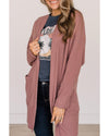 Mineral Red Solid Color Waffle Knit Cardigan with Pocket - M