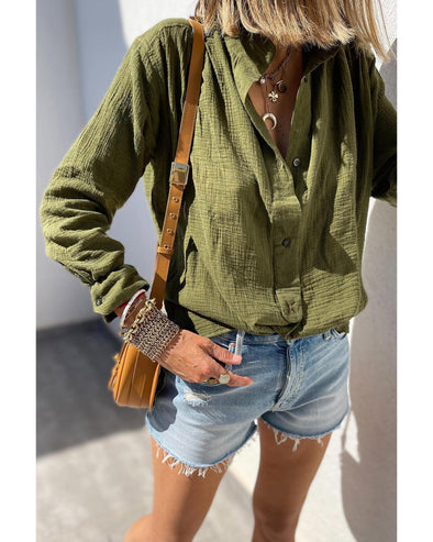 Jungle Green Crinkle Textured Button Up Long Sleeve Shirt - L