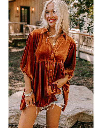 Azura Exchange Chestnut 3/4 Sleeve Tunic Babydoll Velvet Shirt - XL