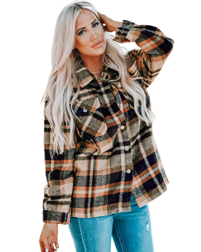 Orange Geometric Plaid Print Pocketed Shacket - L