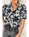 Black Floral Bubble Sleeve Casual Shirt - L