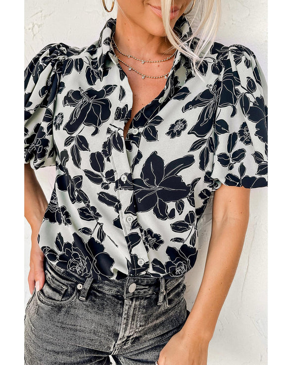 Black Floral Bubble Sleeve Casual Shirt - L