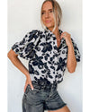 Black Floral Bubble Sleeve Casual Shirt - L