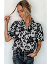 Black Floral Bubble Sleeve Casual Shirt - L
