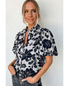 Black Floral Bubble Sleeve Casual Shirt - L