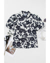 Black Floral Bubble Sleeve Casual Shirt - L