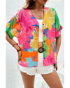 Multicolour Floral Print Folded Short Sleeve Shirt - L